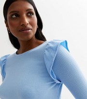 New Look Pale Blue Ribbed Knit Long Frill Sleeve Top